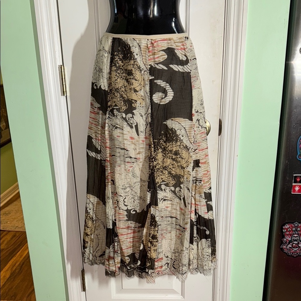 Nygård Collection Floral Boho Print Cotton Silk Blend Natural Midi Skirt Size 12
